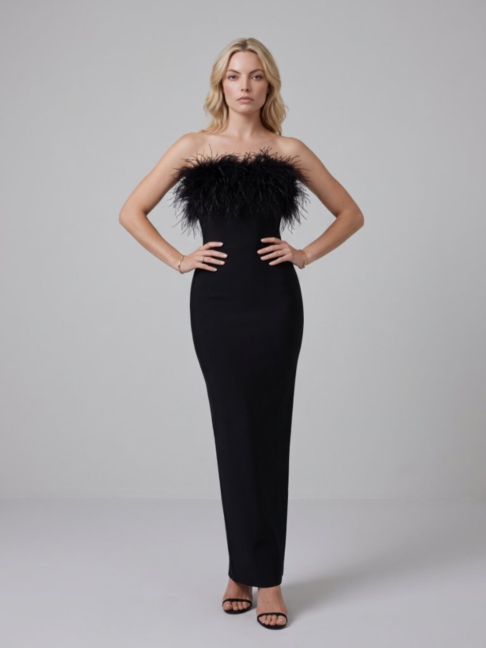 Women's Black Feather Strapless Bandage Maxi Dress Formal Evening Gown - Picture 2 of 5